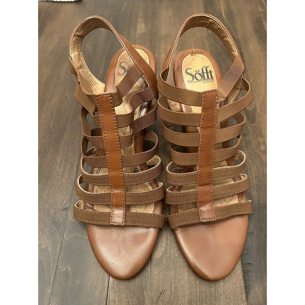 Sofft Sandals Womens 7 M Snakeskin Brown Wedge Heel Leather Elastic Shoe EUC